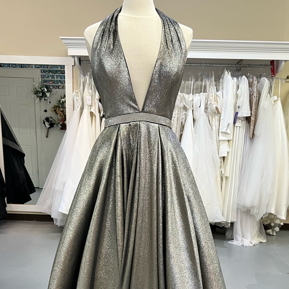 Halter neck silver prom dress by JVN Jovani - Picture 3 of 4